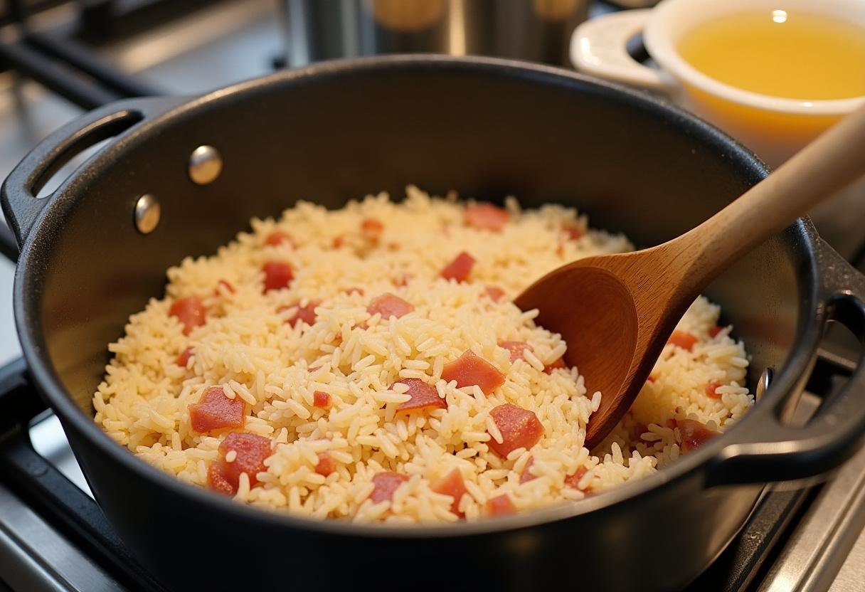 Arroz Arborio sendo tostado na gordura do bacon para o risoto.