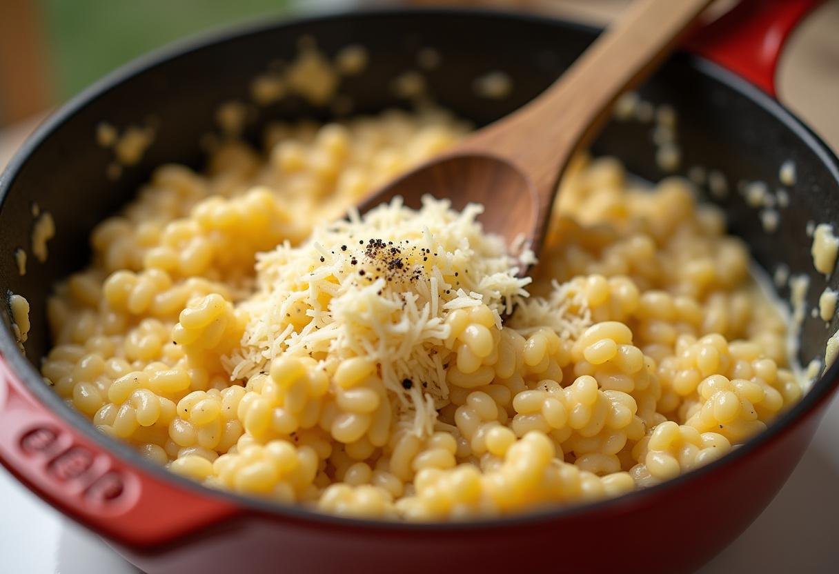 Queijo provolone sendo incorporado ao risoto cremoso.