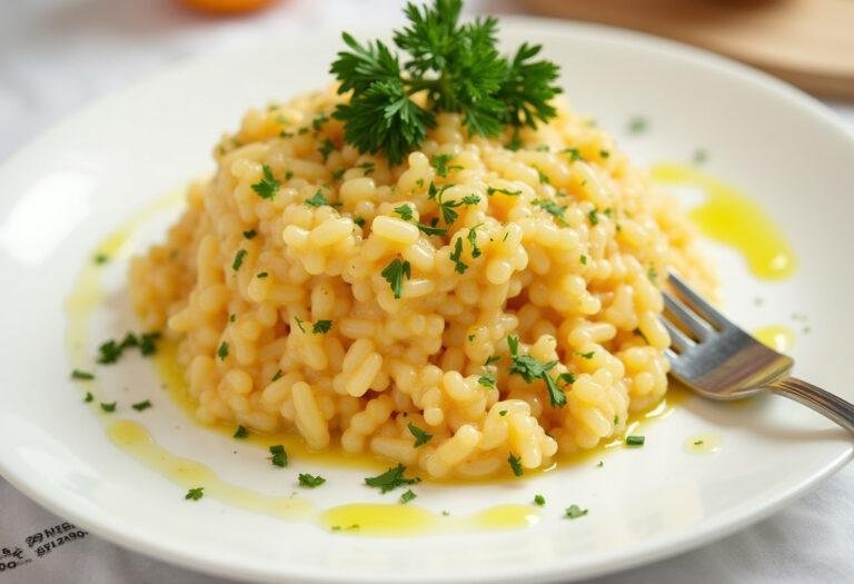 Risoto de camarão com ervilha finalizado, cremoso e bem apresentado, pronto para servir.