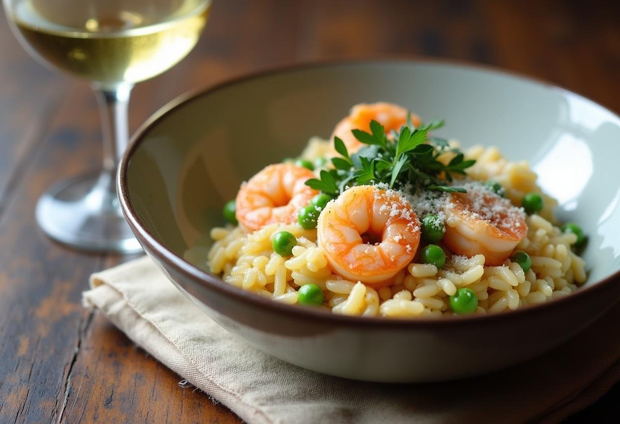 Risoto de camarão com ervilha finalizado, cremoso e bem apresentado, pronto para servir.