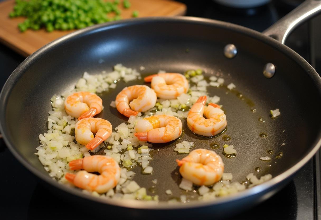 Camarão fresco sendo descascado e limpo para preparar risoto de camarão com ervilha.