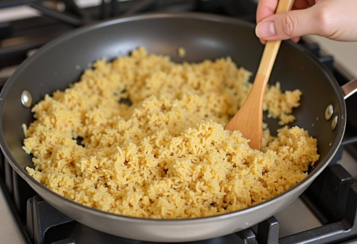 Cebola e alho sendo refogados em azeite para o risoto de camarão com ervilha.