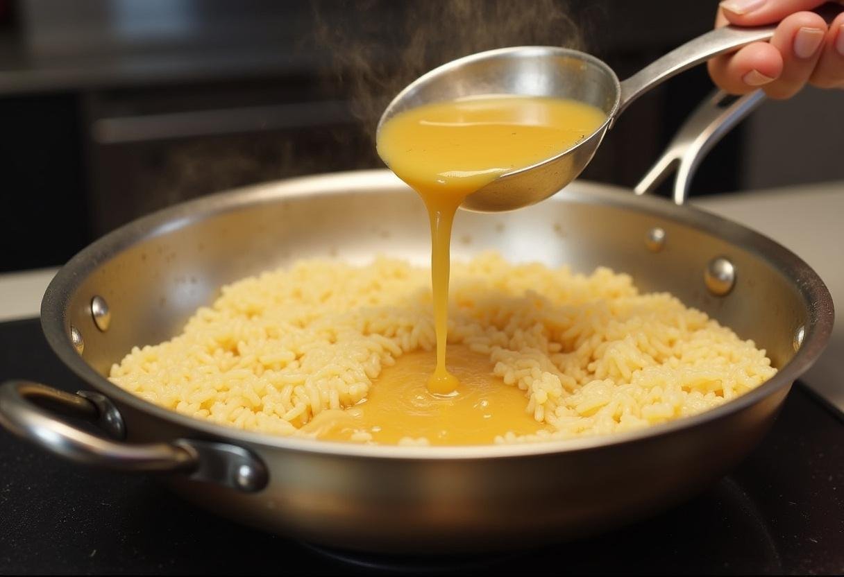 Arroz arbóreo sendo adicionado ao refogado para o risoto de camarão com ervilha.