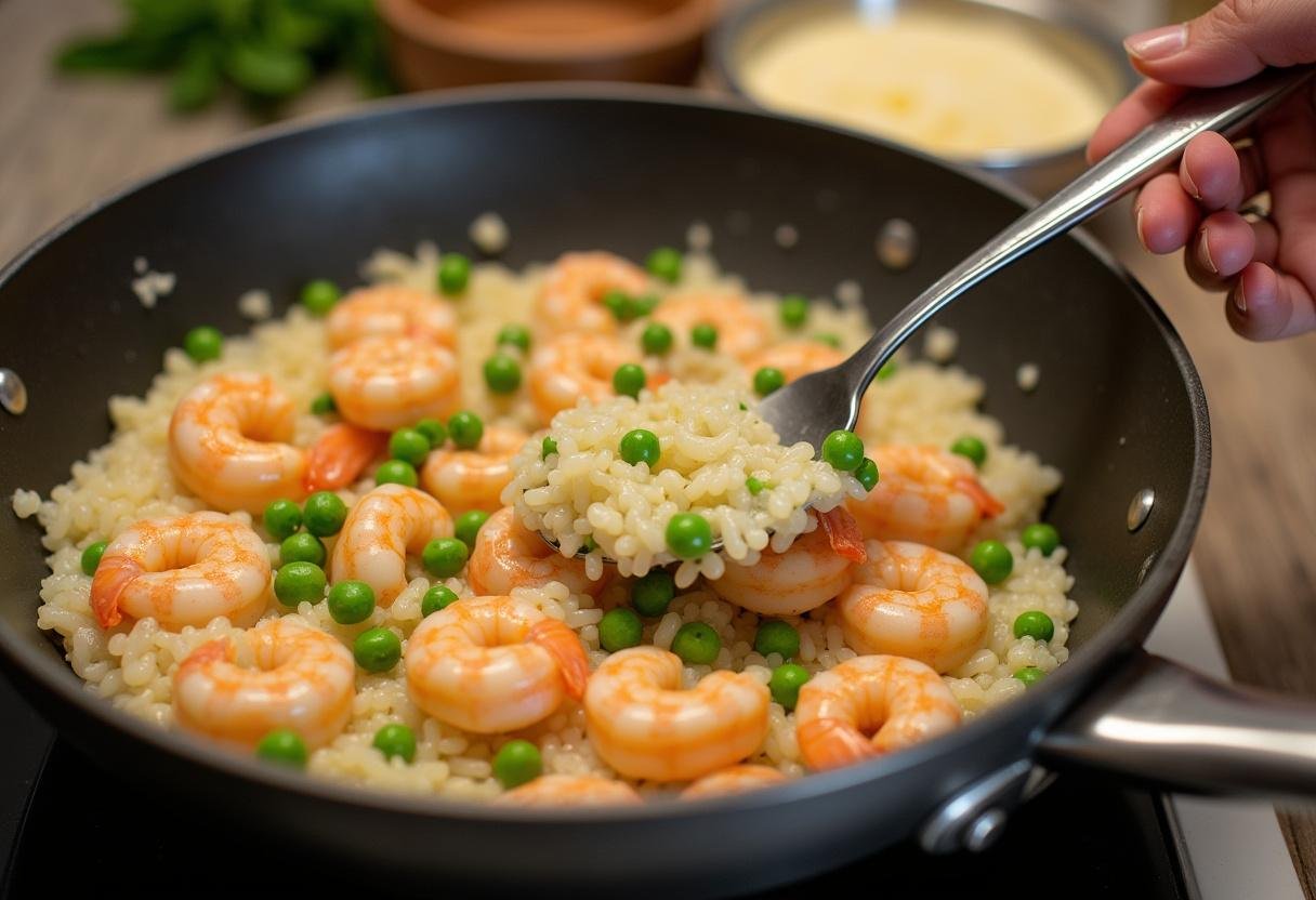 Caldo sendo adicionado ao risoto de camarão com ervilha, junto com os ingredientes principais.