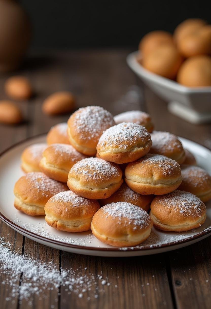 Rolinhose de creme de confeiteiro assados, com açúcar de confeiteiro, esquentando o paladar.