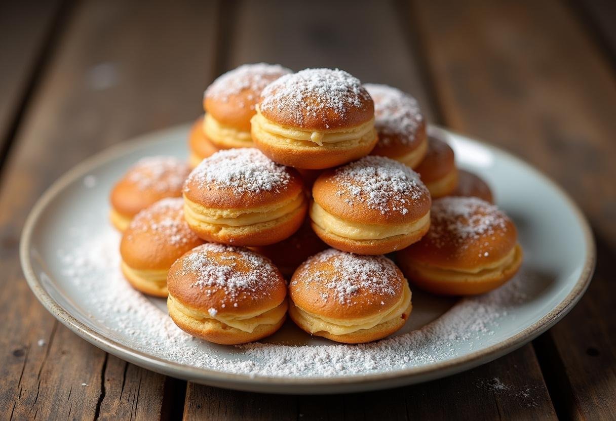 Rolinhose de creme de confeiteiro assados, com açúcar de confeiteiro, esquentando o paladar.