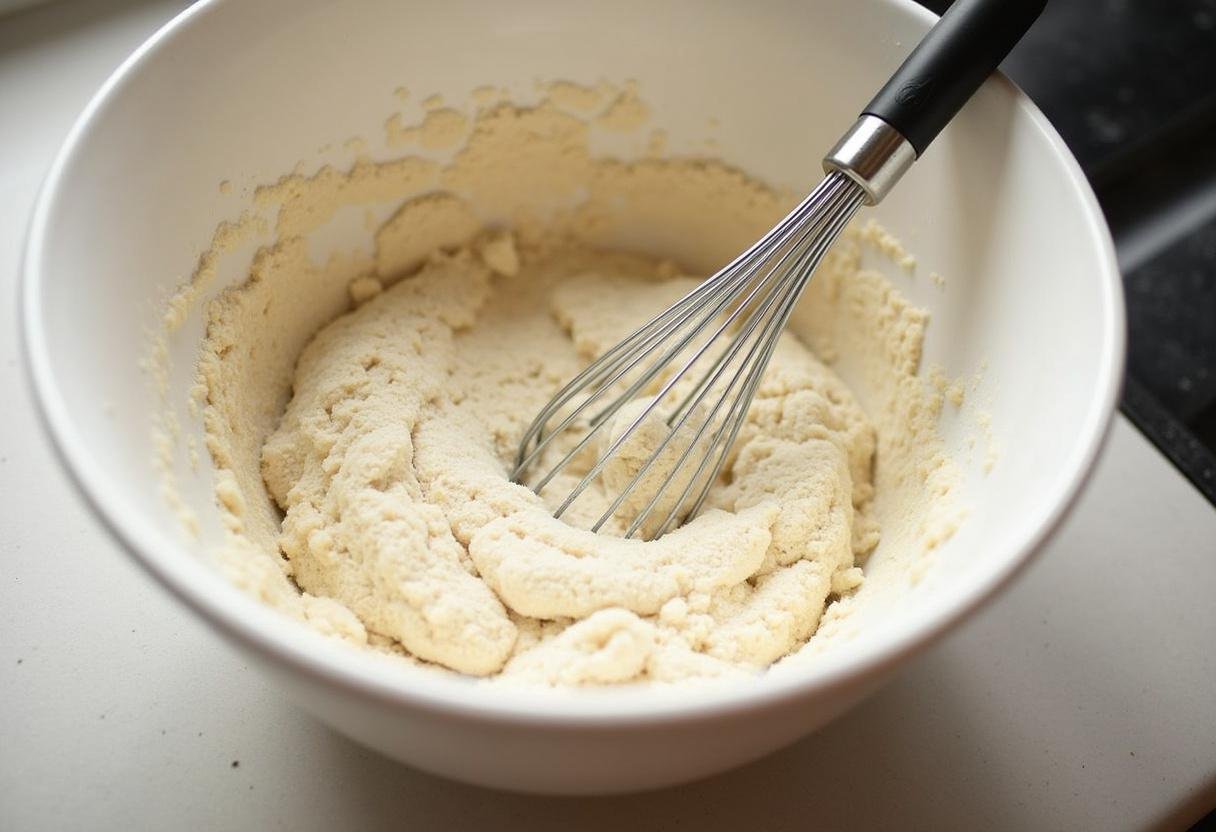 Mistura de farinha, açúcar e fermento em uma tigela para fazer a massa dos rolinhos de creme de confeiteiro.