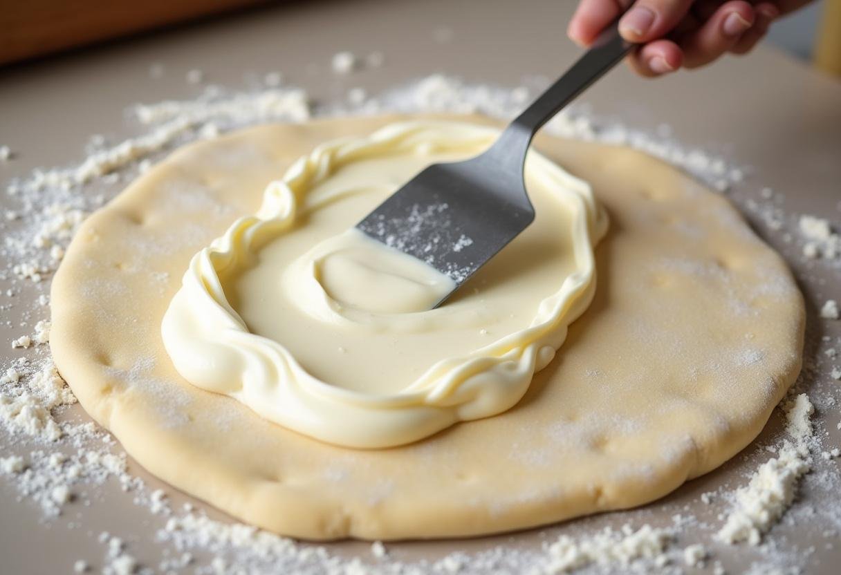 Creme de confeiteiro sendo espalhado sobre a massa dos rolinhos.