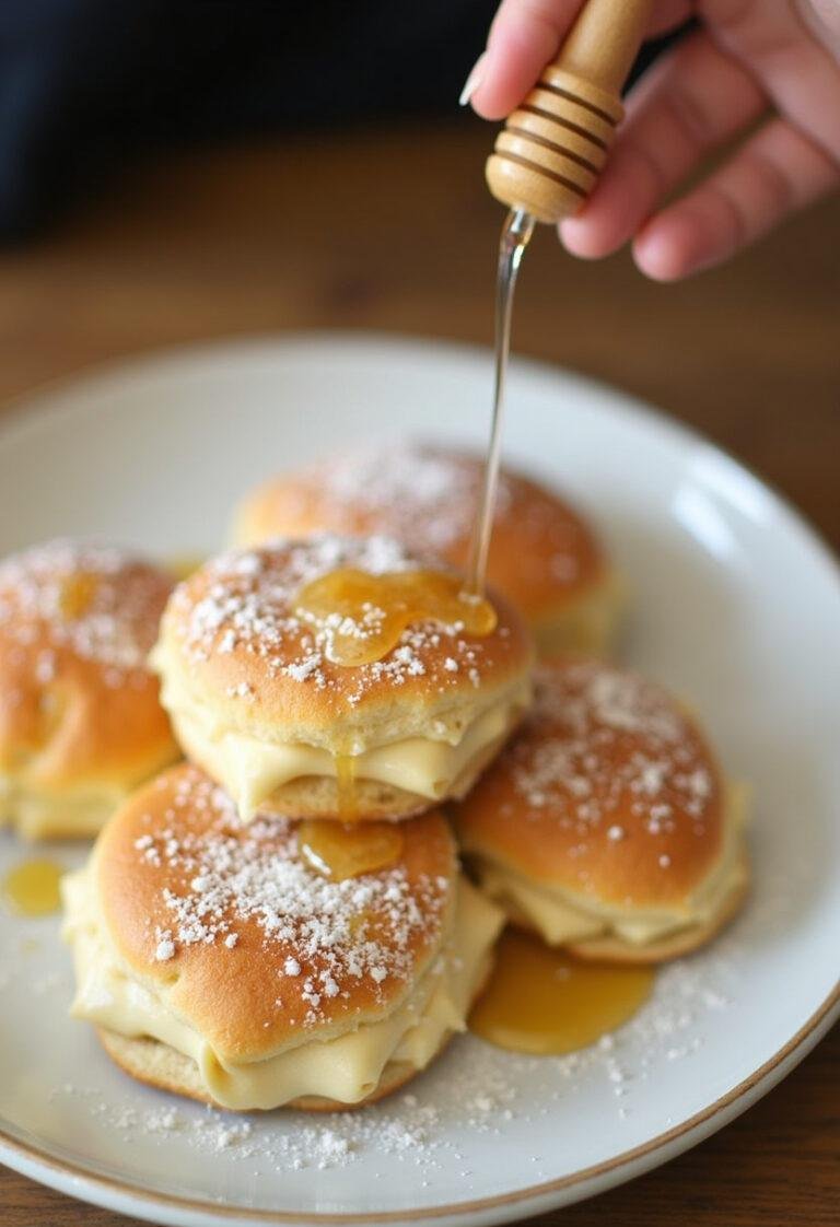 Rolinhos de creme de confeiteiro prontos, com açúcar de confeiteiro e mel, perfeitos para apreciá-los.