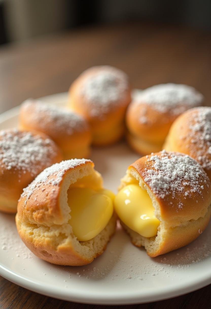 Rolinhos de creme de confeiteiro recém-assados, dourados e recheados com creme, prontos para serem servidos.