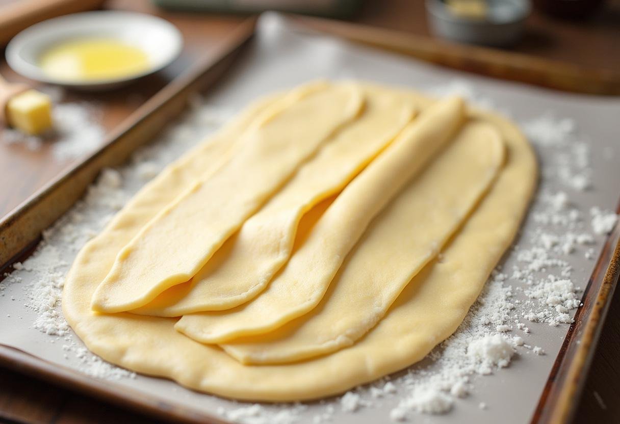 Fatias da massa de Rolinhos de creme de confeiteiro dispostas em uma assadeira, preparadas para assar.