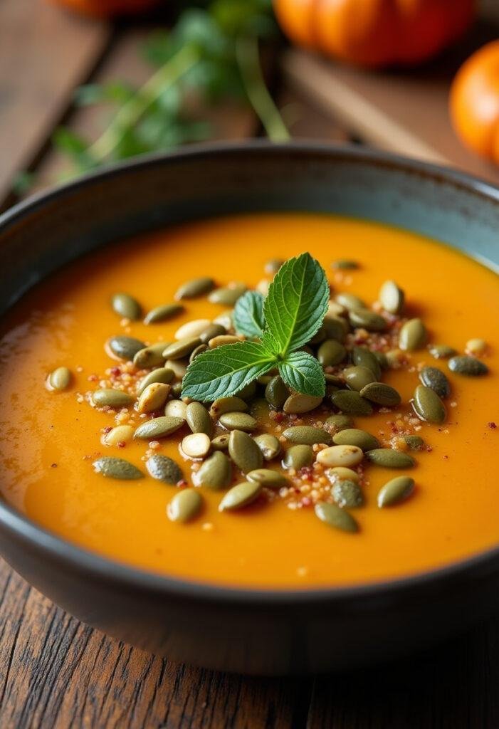 Sopa de abóbora com gengibre decorada com sementes e ervas frescas, pronta para ser saboreada.