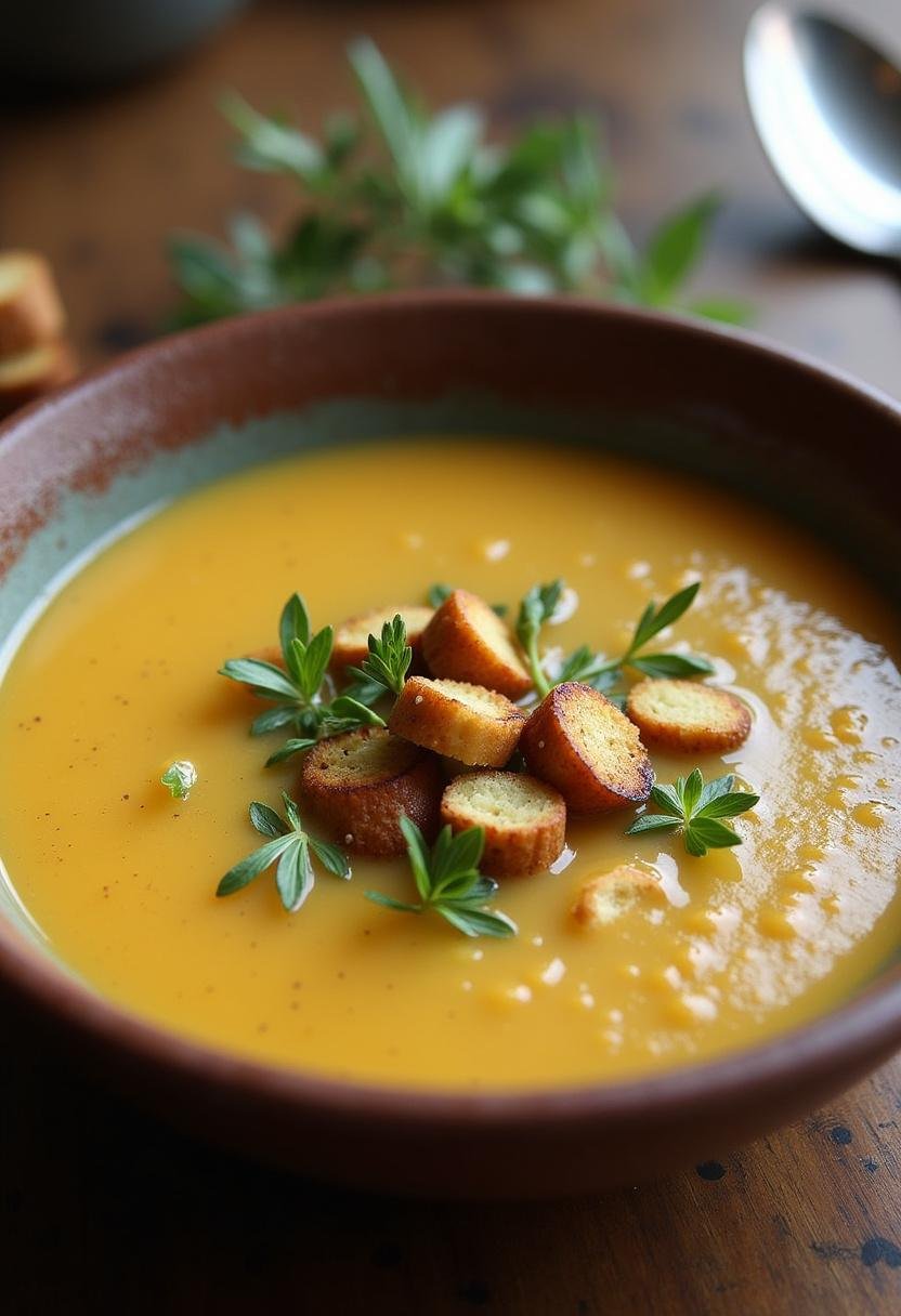 Served Nutritive French Garlic Soup in a bowl with fresh herbs and croutons, ideal for a hearty meal.