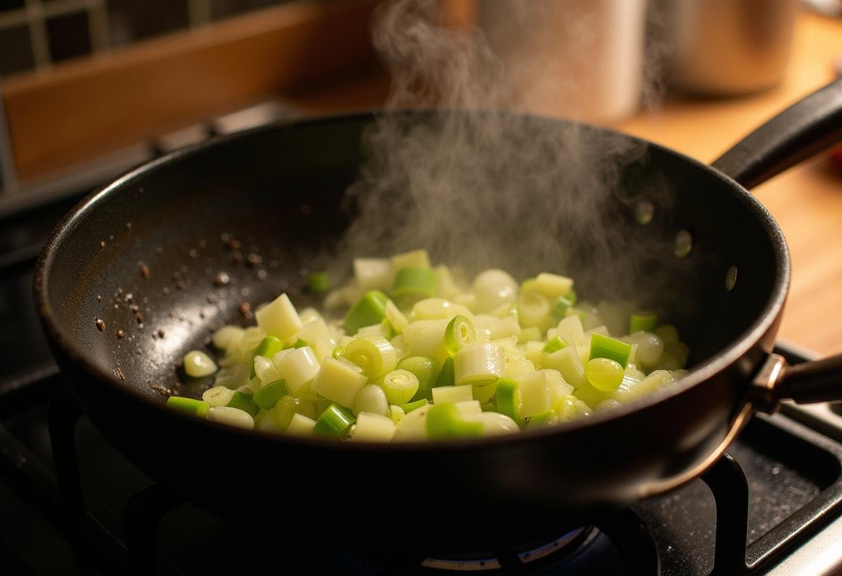 Alho francês picado sendo refogado para a Sopa de Alho Francês Nutritiva em uma cozinha aconchegante.