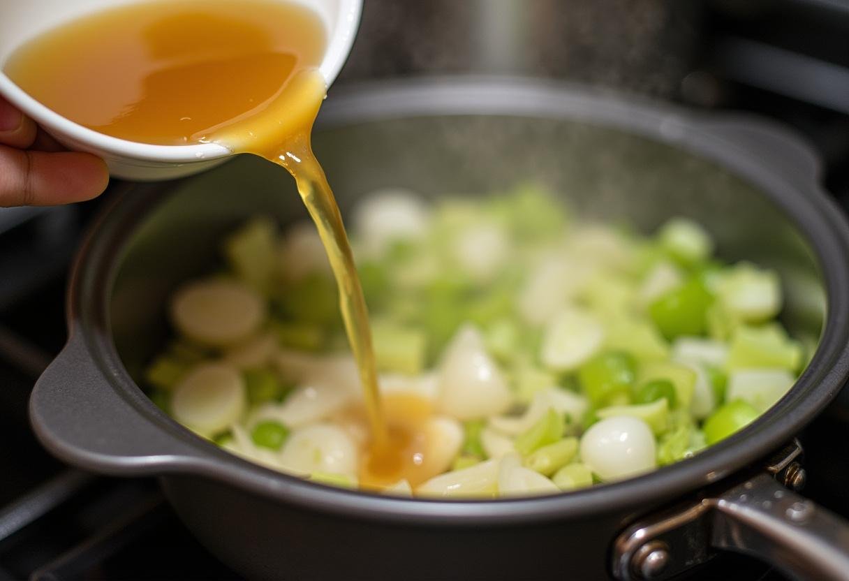 Caldo de legumes adicionado ao alho francês refogado para a preparação da Sopa de Alho Francês Nutritiva.