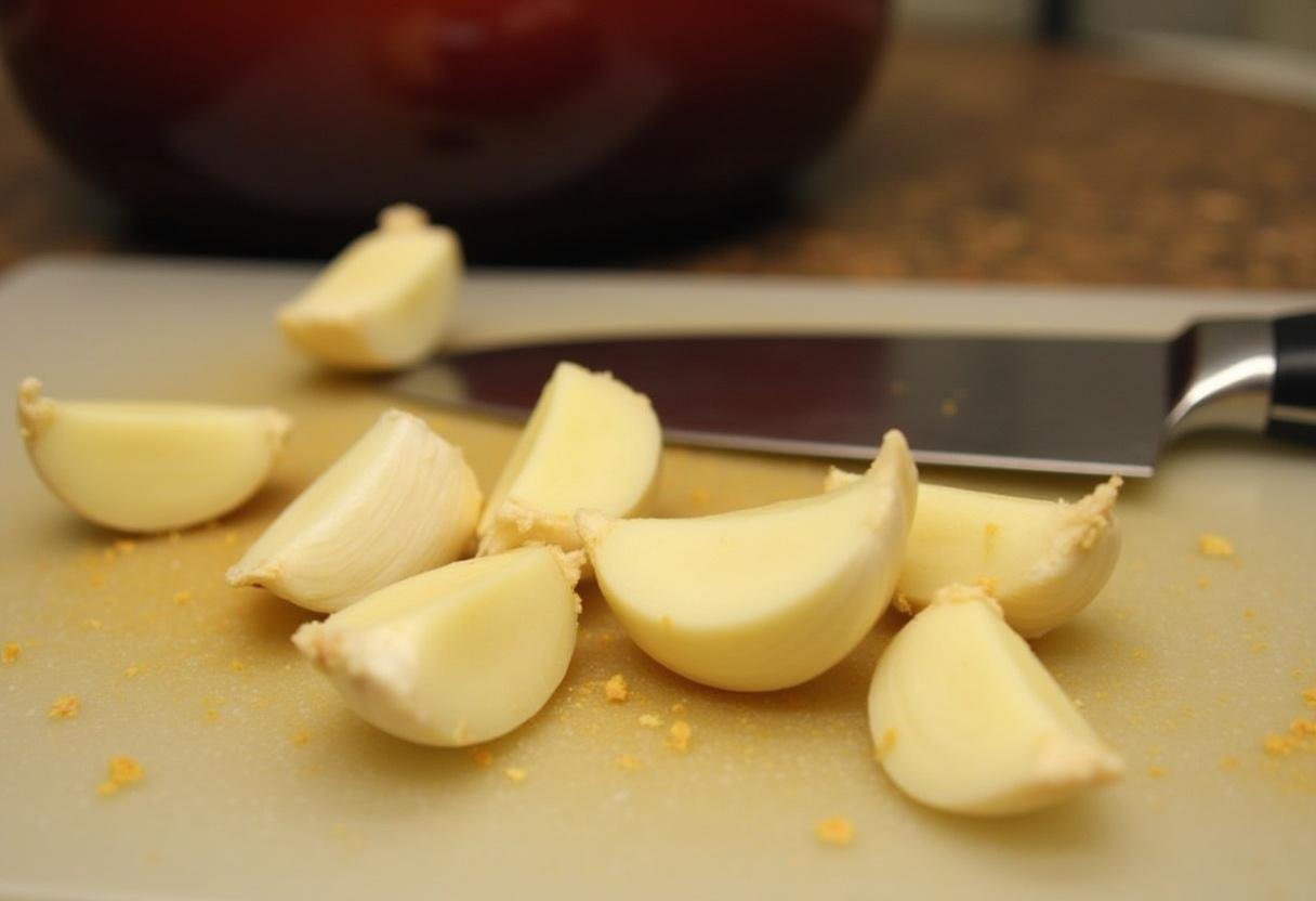 Picando alho para a Sopa de Alho Francês Nutritiva para realçar o sabor.