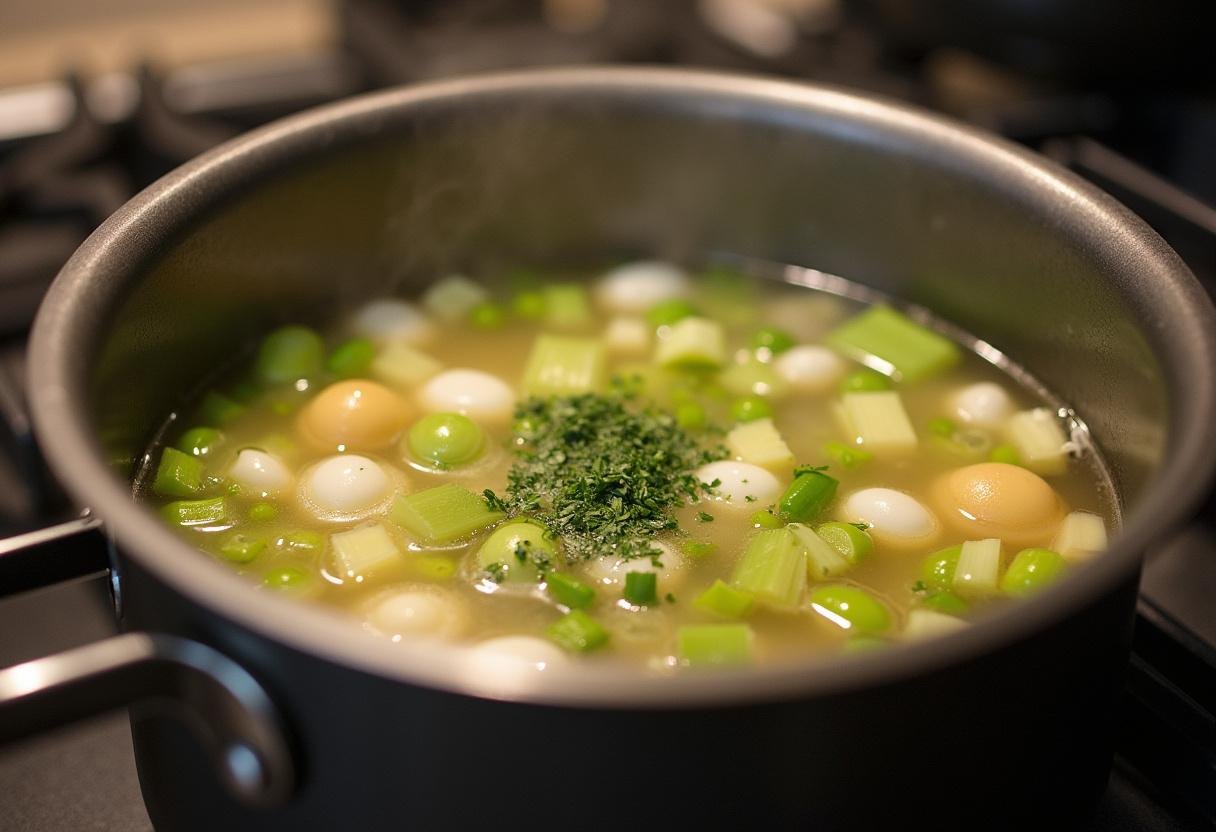 Sopa de Alho Francês Nutritiva fervendo com ingredientes batidos no fogão.