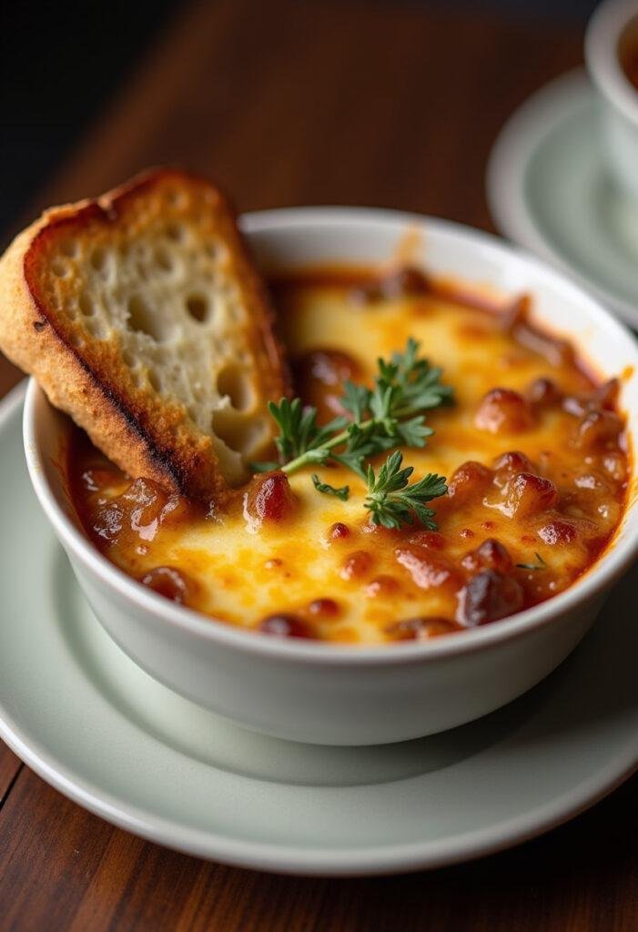 Sopa de Cebola com Queijo Gratinado Aromática servida, com crosta de queijo dourado e pão tostado.
