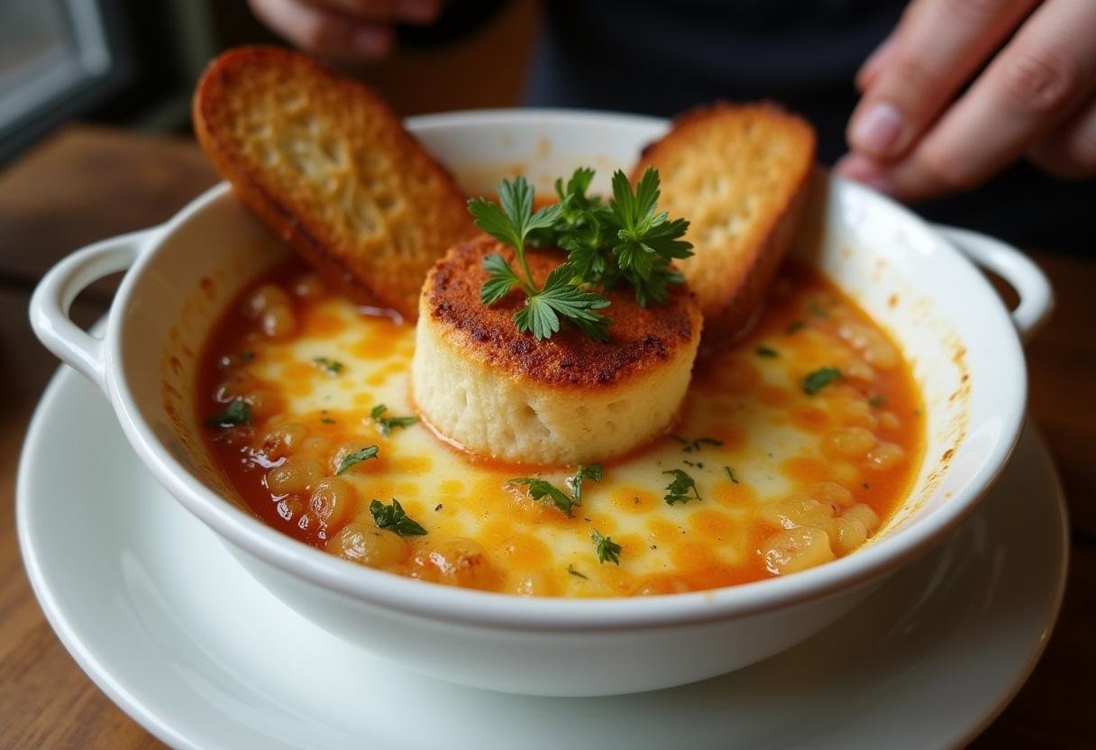 Sopa de Cebola com Queijo Gratinado Aromática servida, com crosta de queijo dourado e pão tostado.