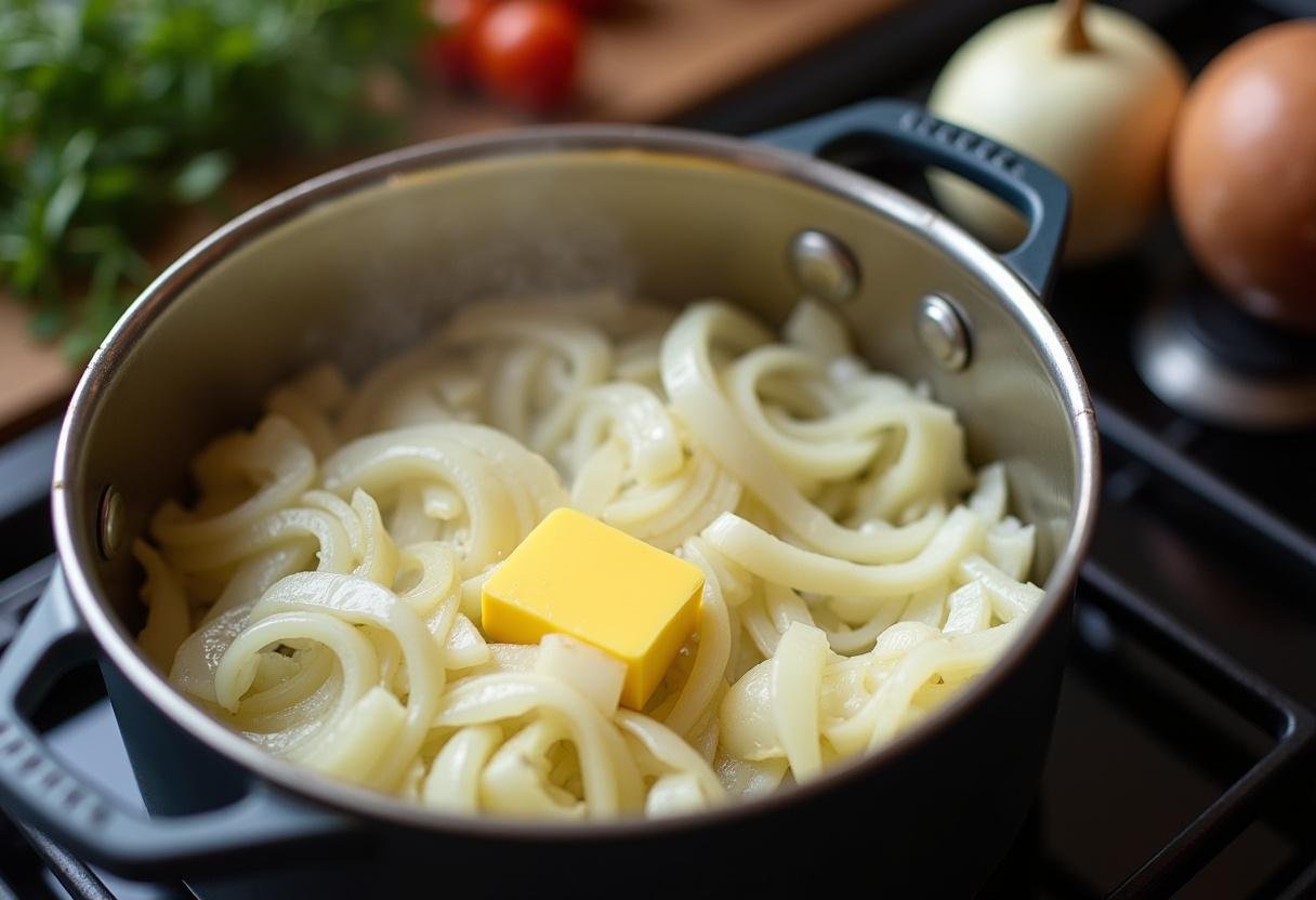 Cebolas sendo cozidas em uma panela com manteiga para a Sopa de Cebola com Queijo Gratinado Aromática.