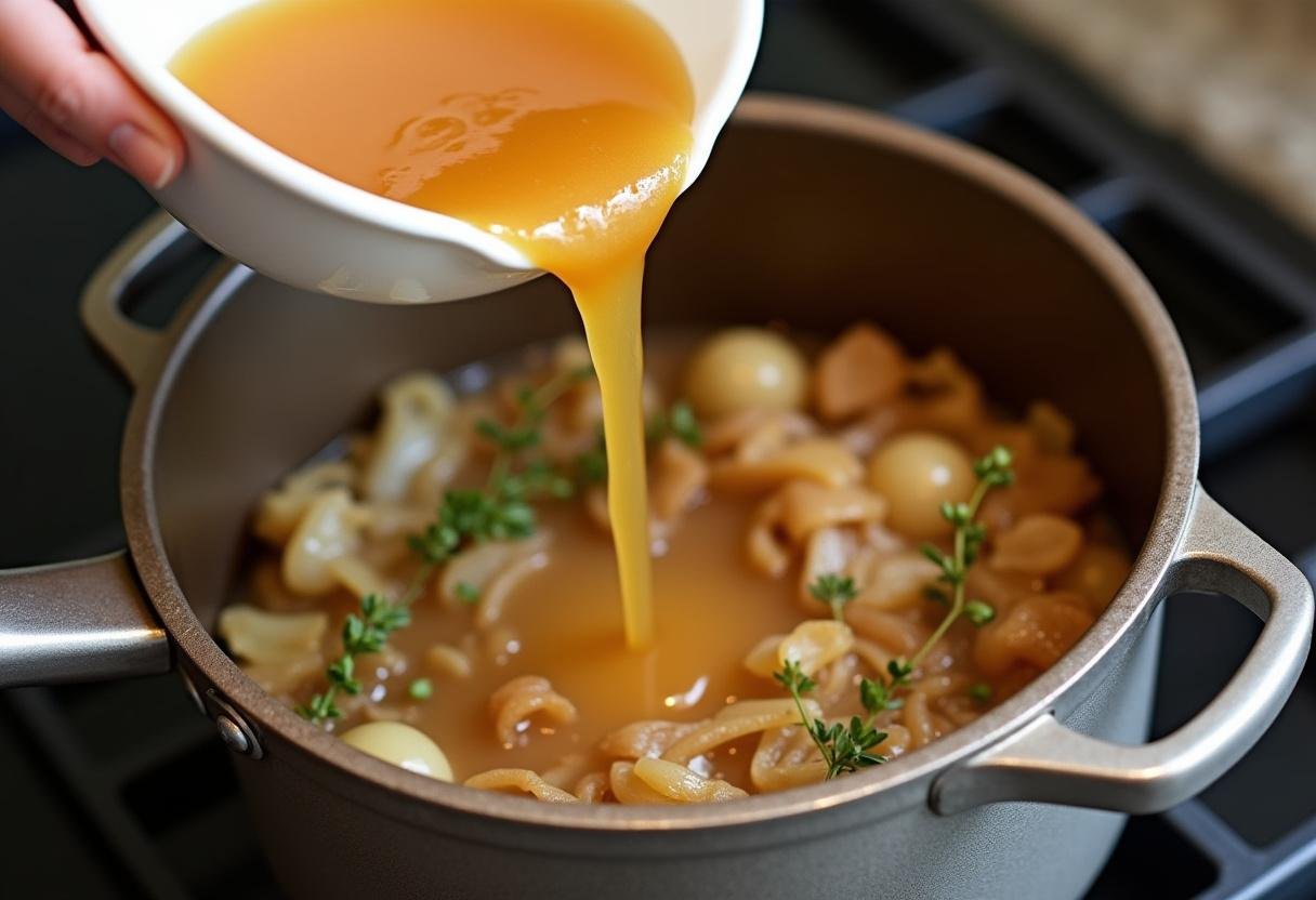 Caldo sendo adicionado às cebolas caramelizadas para fazer Sopa de Cebola com Queijo Gratinado Aromática.
