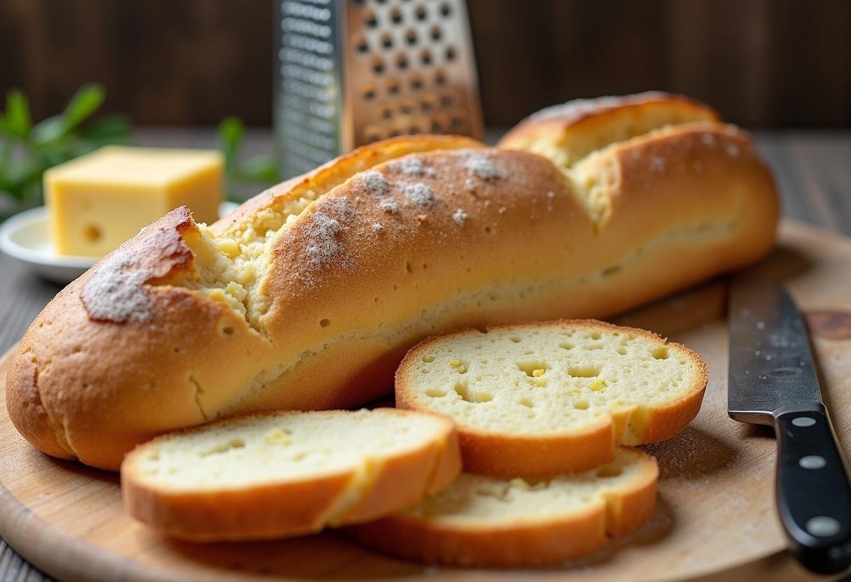Fatias de pão francês prontas para serem tostadas para a Sopa de Cebola com Queijo Gratinado Aromática.
