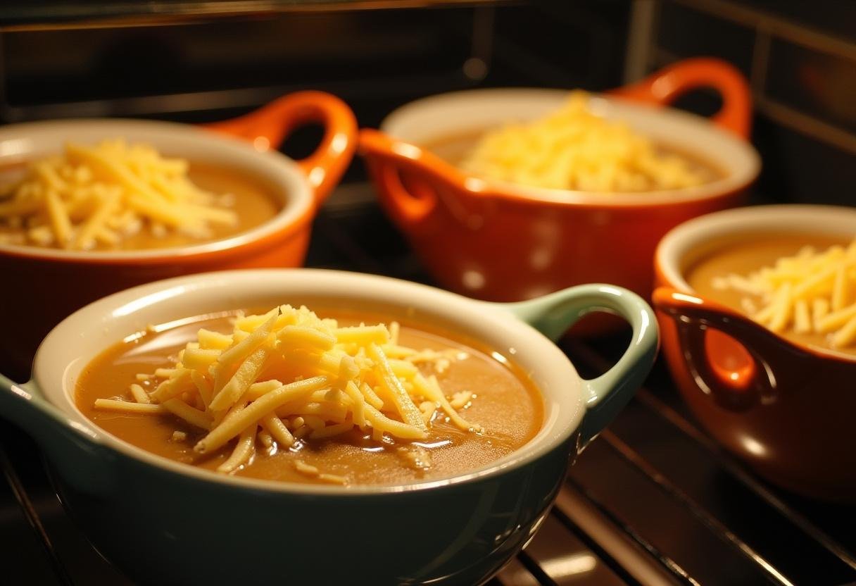 Tigelas com Sopa de Cebola cobertas com queijo, prontas para gratinar.
