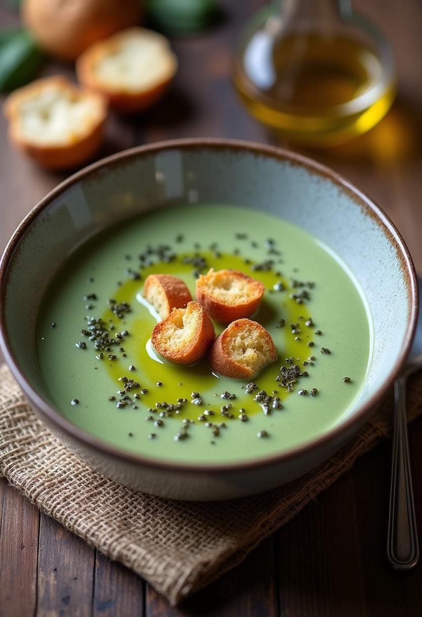 Sopa de Espinafres com Natas Cremosa servida em um prato, perfeita para uma refeição aconchegante.