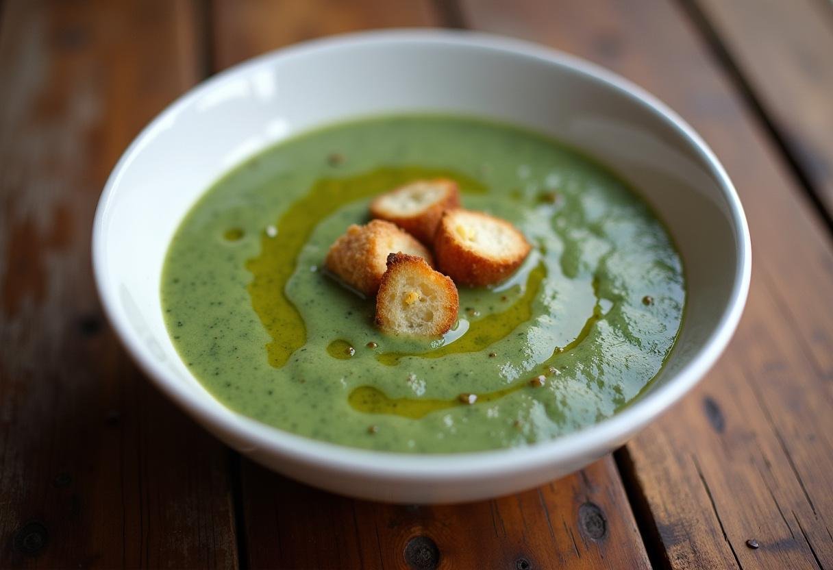 Sopa de Espinafres com Natas Cremosa servida em um prato, perfeita para uma refeição aconchegante.