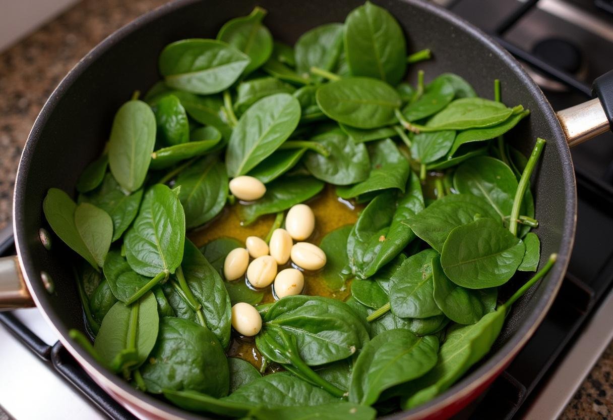 Folhas de espinafre frescas sendo refogadas em azeite para preparar Sopa de Espinafres com Natas Cremosa.