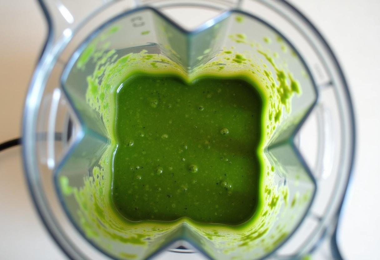 Mistura de espinafre cozido sendo triturada para Sopa de Espinafres com Natas Cremosa.