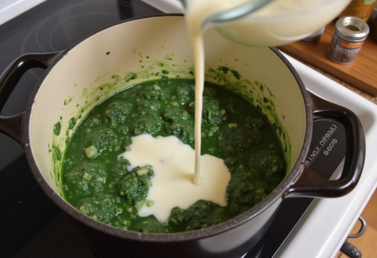 Creme de leite sendo adicionado à mistura de espinafre para Sopa de Espinafres com Natas Cremosa.