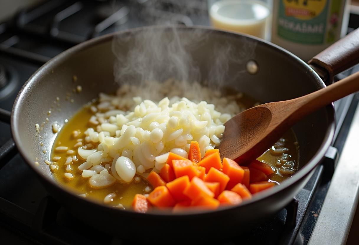 Cebolas, alho e cenouras refogando em azeite para sopa de feijão com hortaliça.