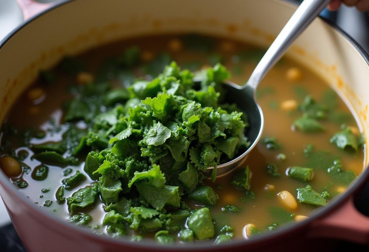 Verduras frescas sendo misturadas na sopa de feijão com hortaliça para um toque saudável.