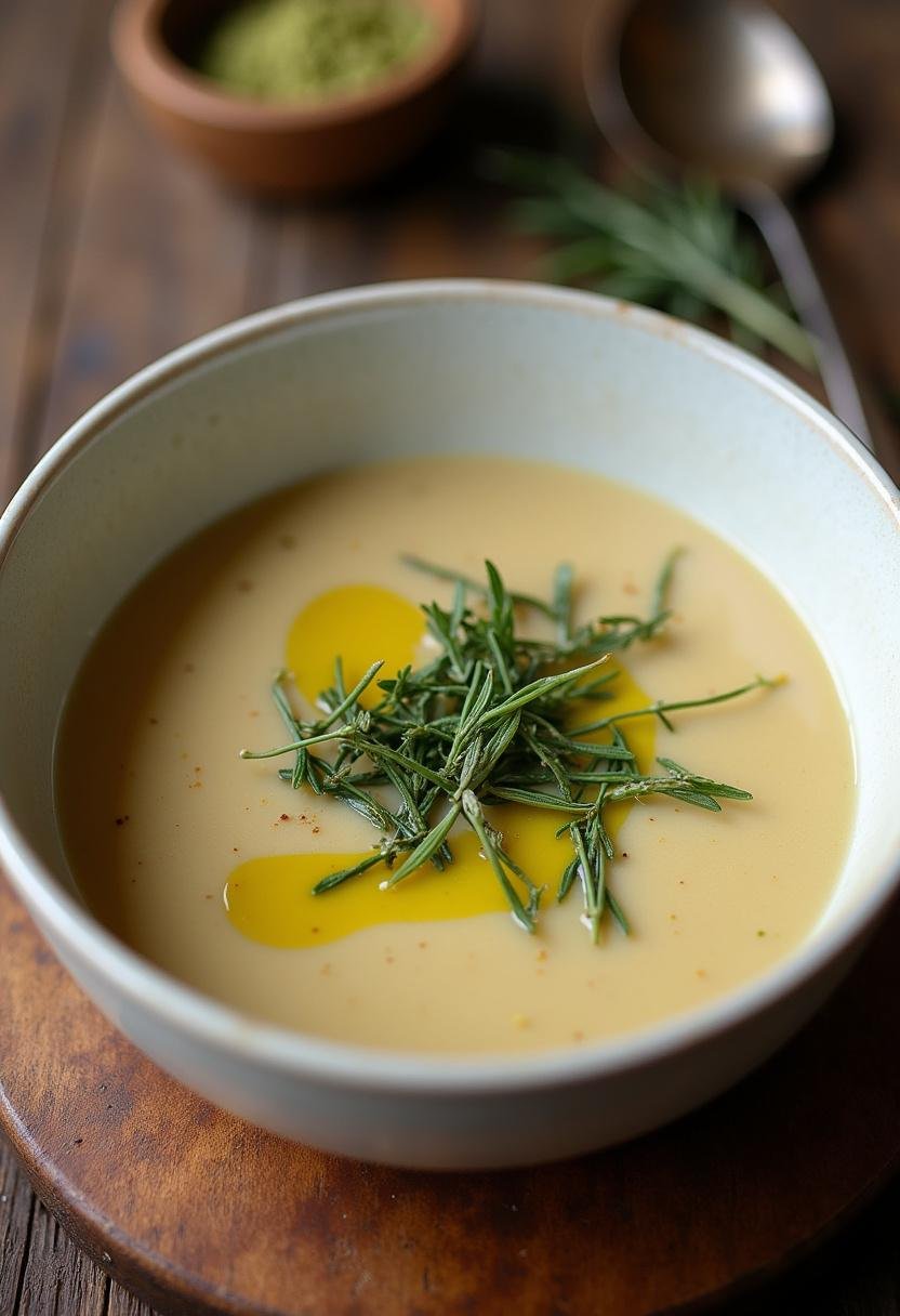 Sopa de Grão com Couve Nutritiva pronta, servida em uma mesa rústica.