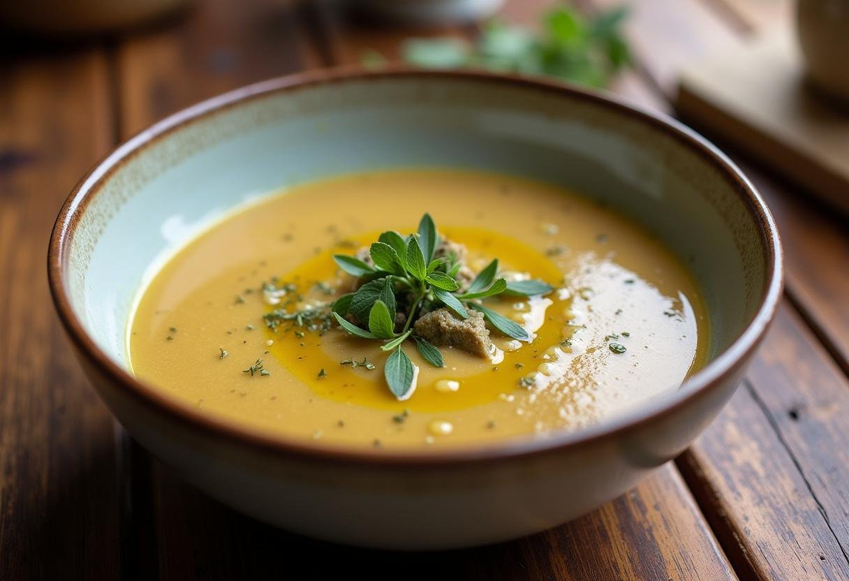 Sopa de Grão com Couve Nutritiva pronta, servida em uma mesa rústica.