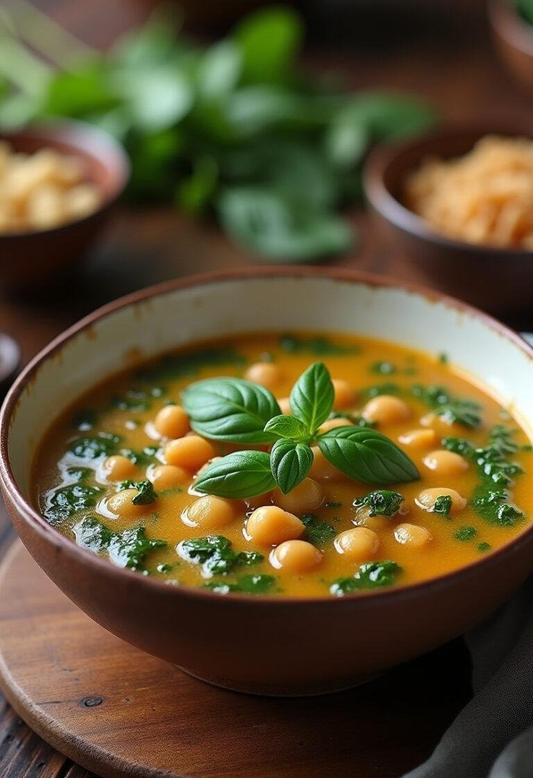 Sopa de grão com espinafres saudável servida em uma tigela, ideal para uma refeição nutritiva.