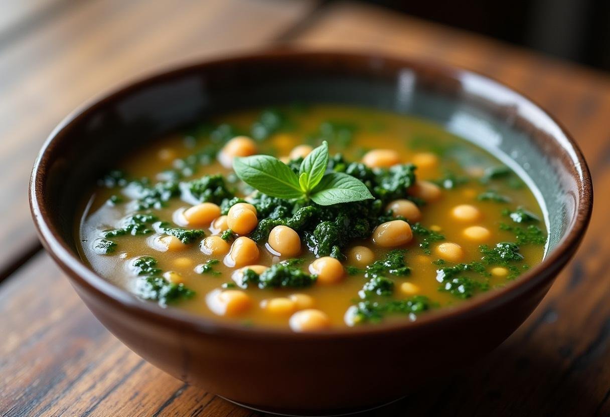 Sopa de grão com espinafres saudável servida em uma tigela, ideal para uma refeição nutritiva.