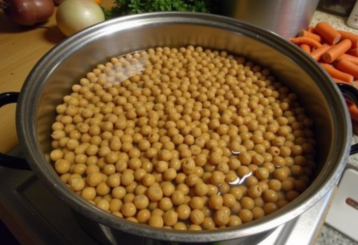 Grão-de-bico sendo preparado para a sopa de grão com espinafres saudável.