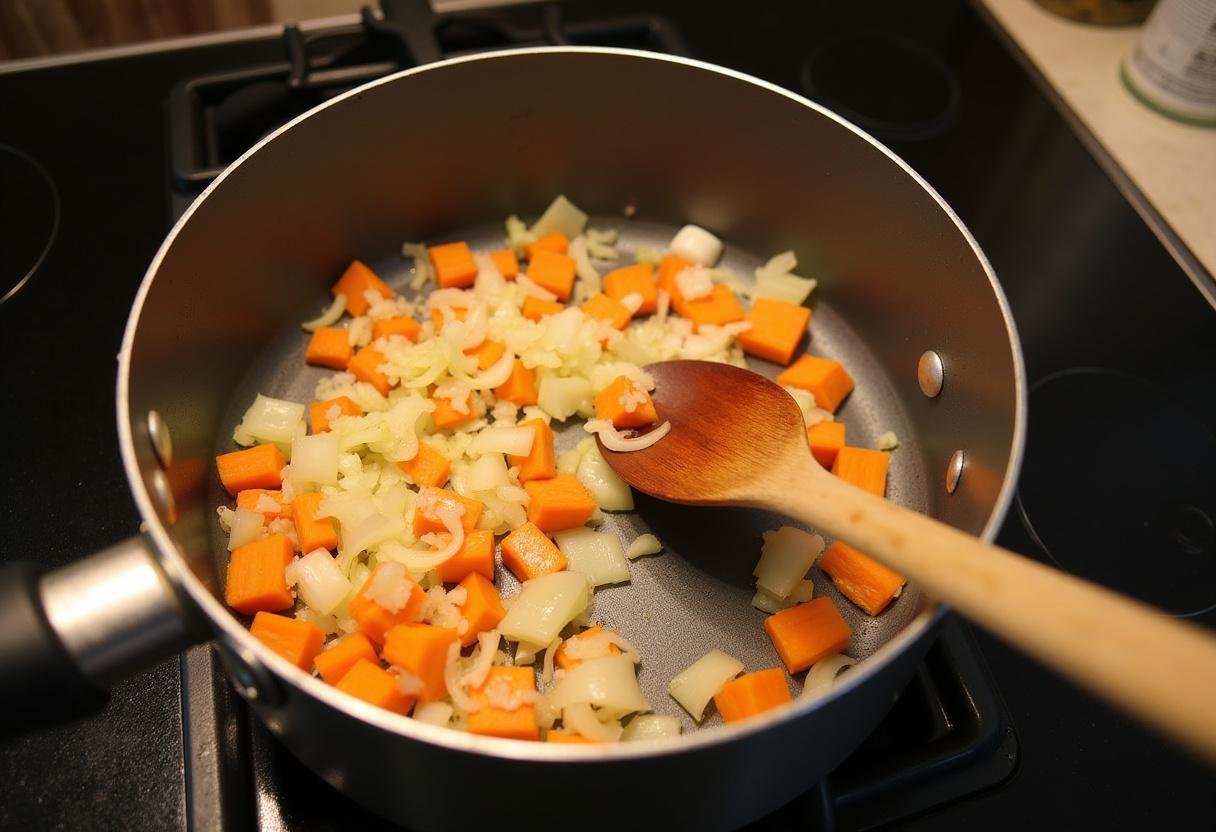 Legumes sendo refogados para a sopa de grão com espinafres saudável.
