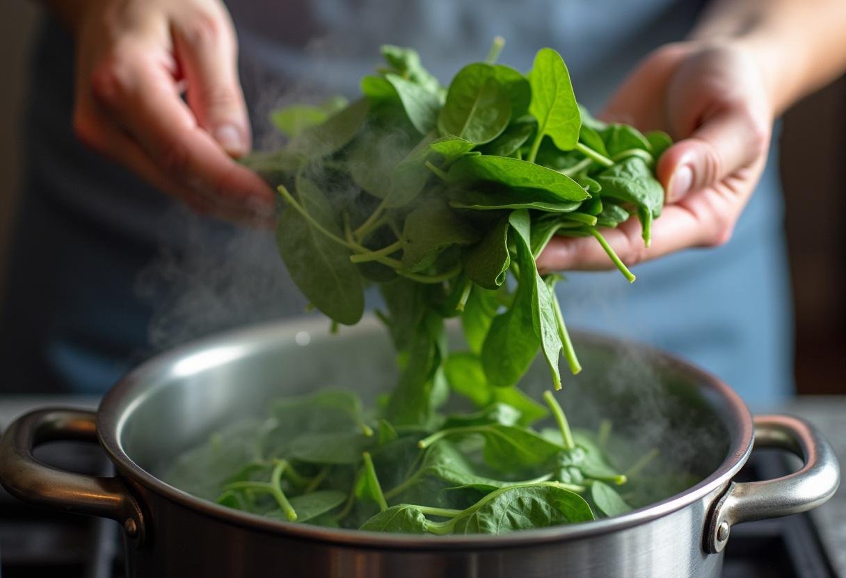 Espinafres frescos sendo adicionados à sopa de grão com espinafres saudável.