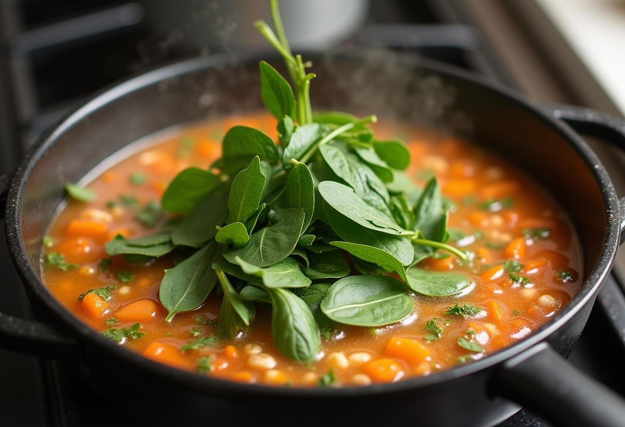 Adding fresh spinach to the Nutritive Vegetable Soup before serving.