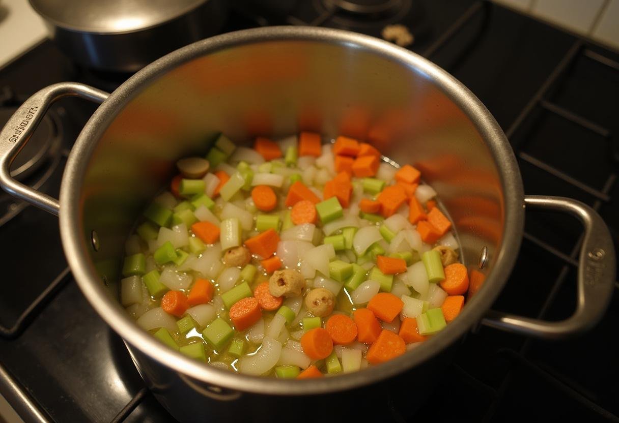 Vegetables sautéing in a pot for Sopa de Lentilhas com Chouriço Reconfortante.