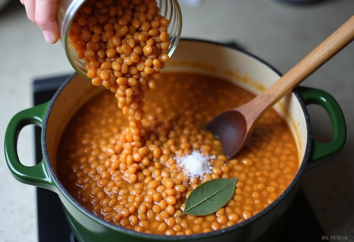 Lentils being added to the pot for a comforting lentil soup with chorizo.