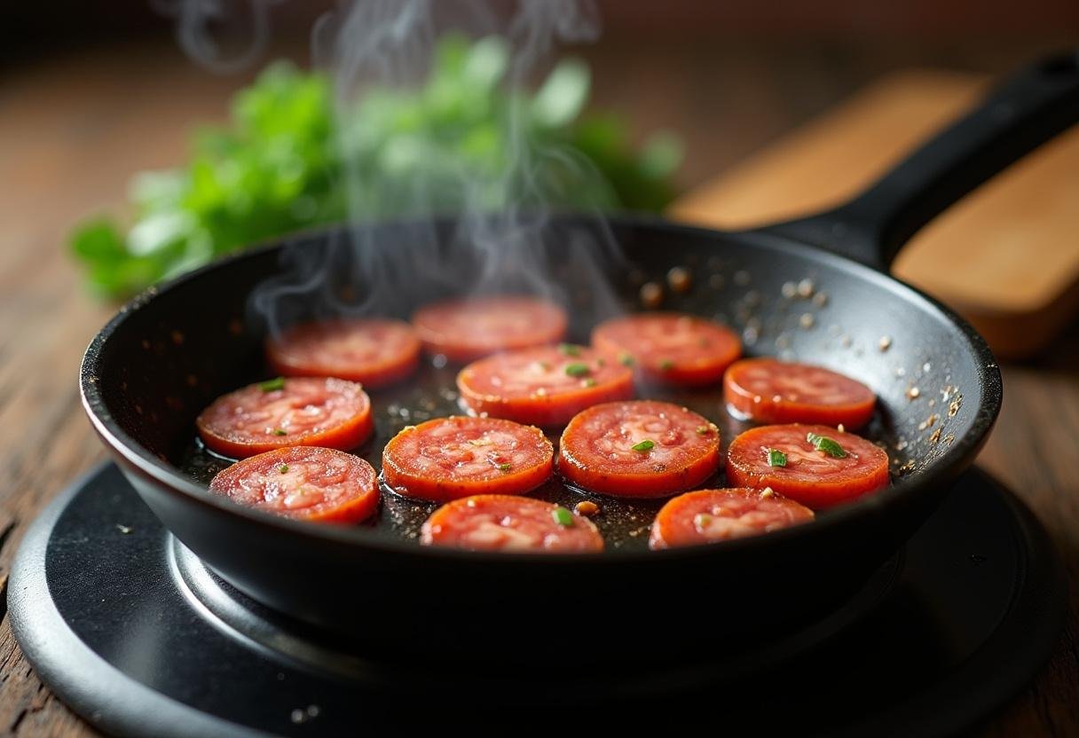 Chorizo being cooked for the Sopa de Lentilhas, adding flavor and texture to the dish.