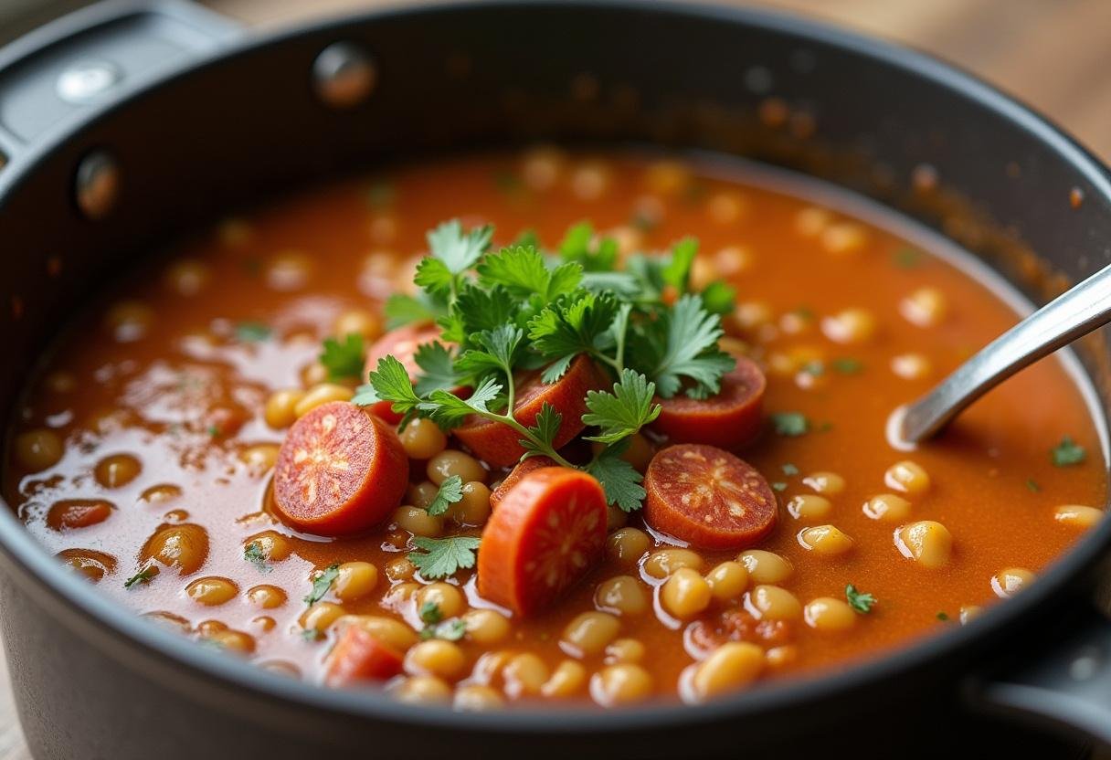 Simmering Sopa de Lentilhas with chorizo in a pot, ready to be served.