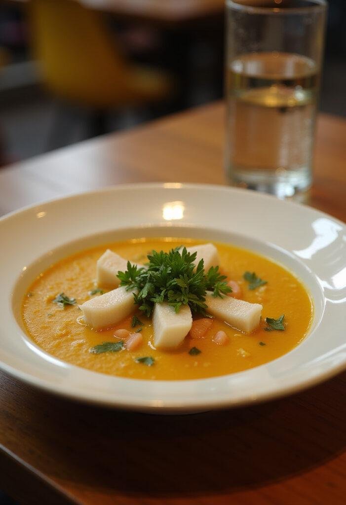 Sopa de Peixe com Massas Aromática apresentada de forma atraente, perfeita para uma refeição reconfortante.