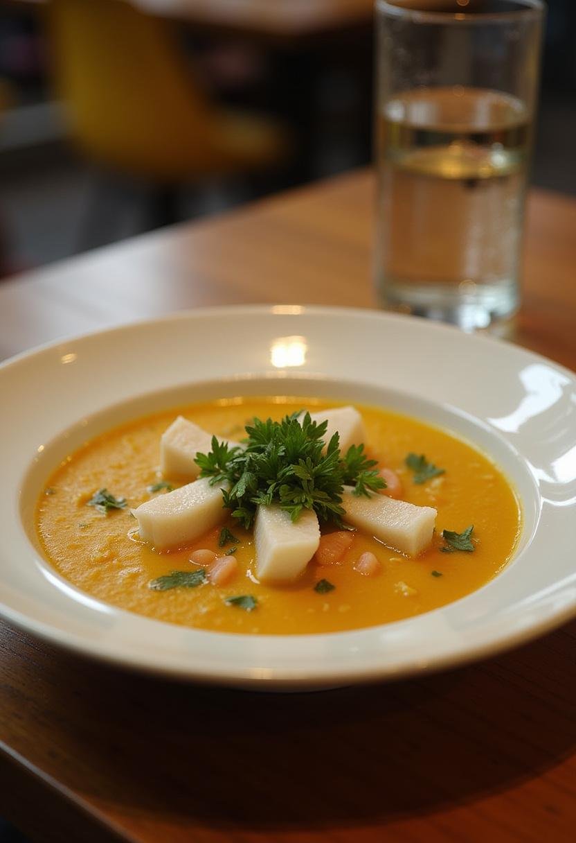 Sopa de Peixe com Massas Aromática apresentada de forma atraente, perfeita para uma refeição reconfortante.