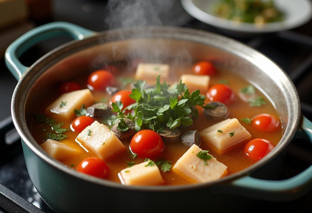 Sopa de peixe com pedaços de peixe fresco e ervas aromáticas fervendo em uma panela.