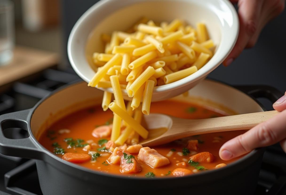 Massa al dente sendo adicionada à sopa de peixe com ervas aromáticas.